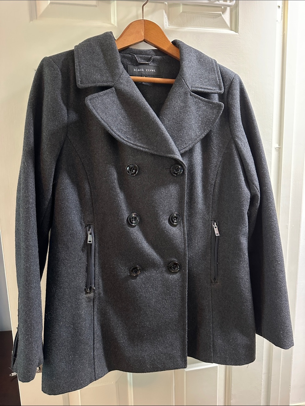 Black Rivet Women's Double-Breasted Dark Gray Peacoat